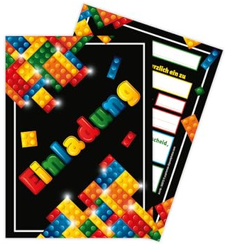 Limonia 12 Einladungskarten zum Kindergeburtstag Einladung Geburtstag Jungen Mädchen Unisex Bausteine Bauklötze bunt schwarz