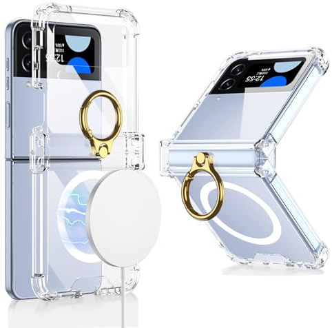 Clatoxi für Samsung Galaxy Z Flip 4 Klarer Hülle mit Ringhalterung und Scharnierschutz, Kompatibel mit kabellosem Ladegerät, Schlanke Transparente Harte PC Case für Samsung Z Flip 4 (Transparente)