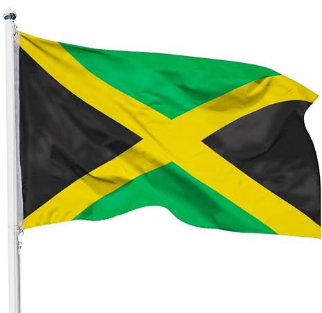 PHENO FLAGS Jamaikaflagga 90 x 150 cm – väderbeständig flagga med mässingsöglor, 100 % polyester, robust dubbelsöm och i levande färger – perfekt för flaggälskare