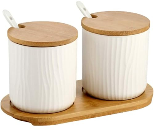 MIATTCLD Keramik Gewürzdosen 2er Set, Zuckerdose mit Löffel und Bambus Deckel, 300ml/10.2 oz Gewürzgläser für Zucker, Käse, Salz, Gewürze