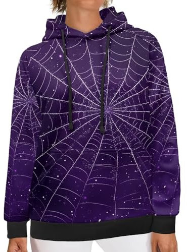 POLERO Hoodies für Damen, Herbst, Kordelzug, Pullover, Sweatshirt, trendiges Oberteil, langärmelig, lässige Outfits, Halloween-Spinnennetz-Galaxie, S