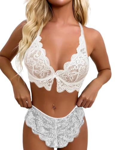 PARUPRUP Lace Bow Lingerie Set Women Sexy Underwear See-Through Bra and Knickers Set Hot Lady Nightwear Thin Cup Breathable Hollow Bra and Brief Set (White, L)