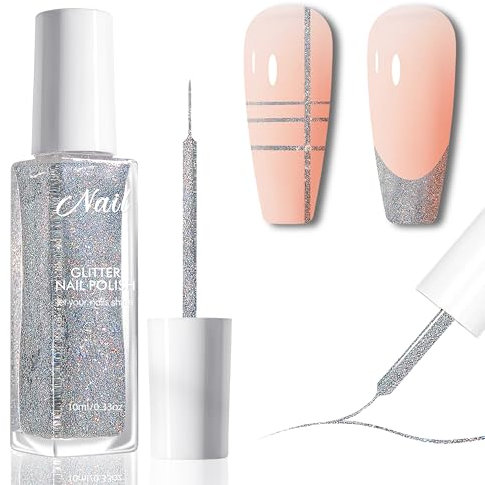 Liner Gel Nagellack - Painting Gel Nagellack Nail Art für Nageldesign, Schnell Trocknend, Kein UV/LED Licht Erforderlich, Dünner Pinsel für Swirl, French Tip Maniküre & Home DIY, 10ml (Silber Glitzer)