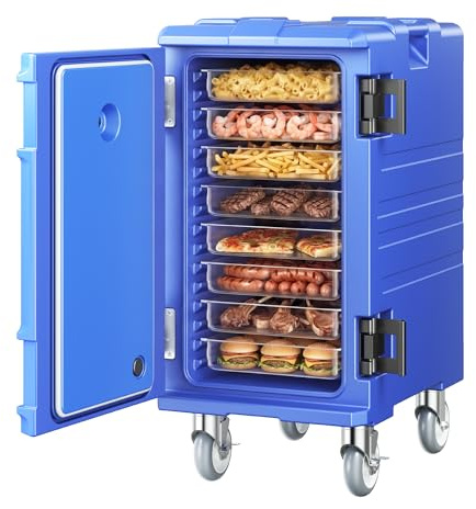 VEVOR Conteneur Isotherme pour Bac Gastronorme 120 L, Boîte de Transport Alimentaire Empilable, Chargement Frontal, Double Boucle, Poignées et Roulettes, Porte-plateaux pour Restauration Cantine, Bleu