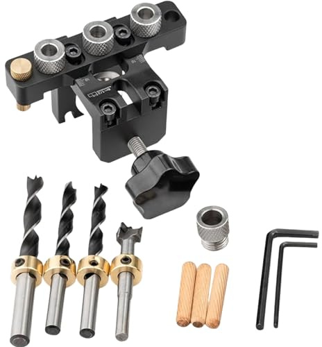 3-in-1 Holzdübel Bohrschablone, 8/10/15mm Bohrschablone Selbstzentrierendes für die Holzbearbeitung Exakte Dübellöcher, mit Positionierungsclip Einstellbare Bohrführung