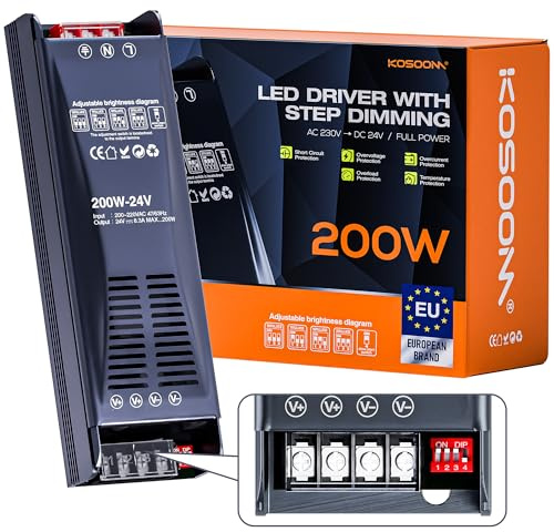 KOSOOM LED Trafo 24V 200W 8.33A 1pcs Transformator AC 220V 230V auf 24V DC Netzteil Dimmbar Power Supply für LED Strip Netzteil 24V Konstantspannungs Power Supply für Beleuchtung