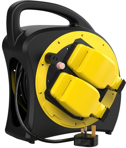 SLx Outdoor Extension Lead Waterproof 25m 2 Socket Extension Reel Heavy Duty Extension Cable Thermal Cut Out IP54 Rated, Double Socket UK Outdoor Plug Extension Lead for Christmas Lights Garden