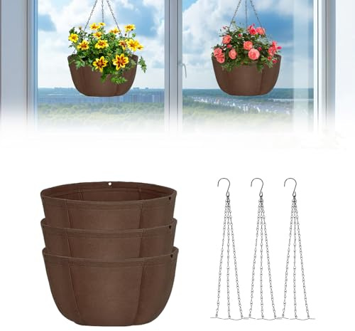 mumisuto 3Pcs Nonwoven Cloth Hanging Basket, 12inch Hanging Flower Pots with 19.7inch Metal Chains, Hanging Plant Holder Liner for Ceiling Patio Window