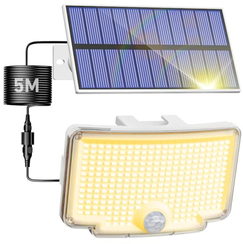 nipify Focos Led Exterior Solares, Luz Solar con Sensor de Movimiento, 318 LEDs/3 Modos, Impermeable Potente Lampara Solar para Jardín, Garajes, Caminos, 1 Paquete Blanco Cálido, Marco blanco