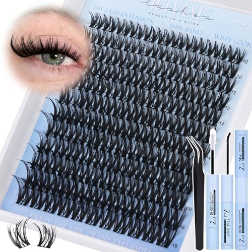 Flora Wimpern-Cluster-Set, Wispy Wimpernbügel, 10–18 mm, DIY-Wimpernverlängerungs-Set, D-Curl, einzelne Wimpern, Wimpernverlängerungs-Set mit dünnem Band, Wimpern-Cluster, Wimpernbindung und