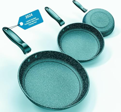 Kiseely Lot de 3 poêles 26/28/30cm, revêtement anti-adhésif en céramique sans PFAS avec de vraies particules de pierre, passe au lave-vaisselle (HL1)