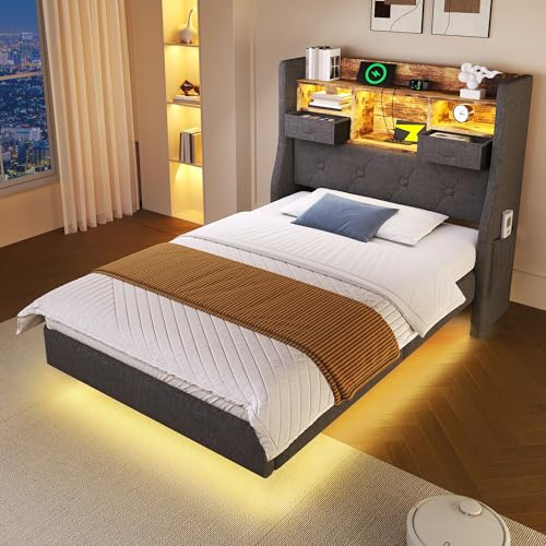 okwish Jugendbett 90x200 cm Polsterbett mit LED Beleuchtung und Ladefunktion (3xUSB 1xType-C) - Stauraum-Kopfteil mit Schubladen und Seitentaschen - Max. Traglast: 150 kg - ohne Matratze, Leinen Grau