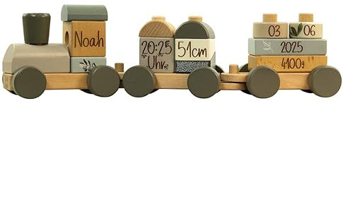 Pamamba Personalisierter Holz Zug mit Gravur – Geschenk zur Geburt & Taufe – Babyspielzeug & Kinderzimmer Deko – Name, Datum, Größe & Gewicht – Olivgrün