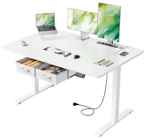 SOLAVERO Elektriskt Skrivbord 120 x 80 cm, Höj och Sänkbart Skrivbord med Integrerat Uttag och USB-C Port, Standing Desk med 2 Avtagbara Lådor, 2 Minnesinställningar, Vit
