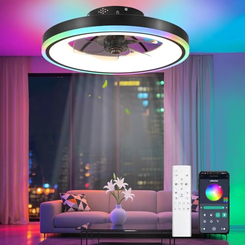 TJSC 50cm RGB Ventilatore da Soffitto con Luce e Telecomando, Silenzioso Lampadario Ventilatore LED, 6 Velocità, 3000-6500K, Timer, 60W Plafoniera con Ventilatore per Camera da Letto Soggiorno, Nero