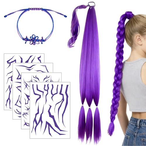 1 Stück Lila Kunsthaar zum Einflechten, Enthält 1 Geflochtenes Armband und 4 Cosplay Idol Tattoos, 76cm Lila Geflochtene Perücke, Zopf Extension, Geeignet für Rollenspiele, Karneval und Halloween