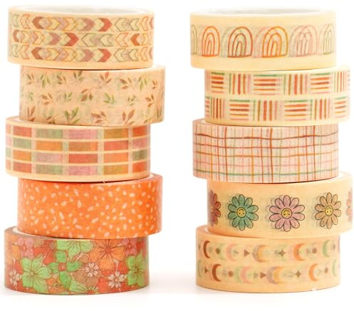 YUBX 10 rullar Boho Washi Tape Set, maskeringstejp dekorativ Washi Tape barn tejp färgglad för scrapbooking, bullet dagbok, planerare, presentförpackning (färg)