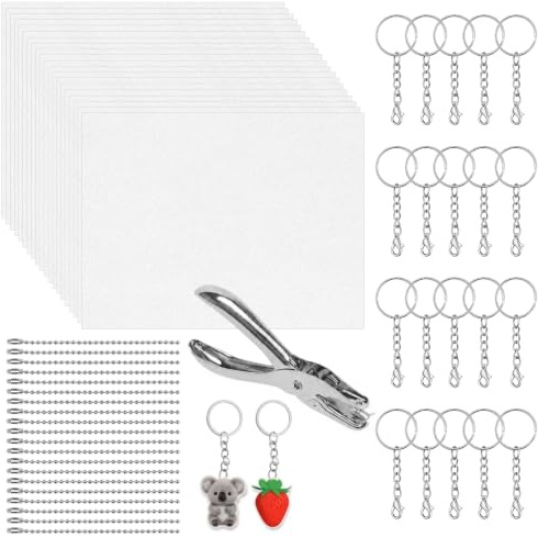 OMJMYY Schrumpffolie Set, 61 Stück, 20 Blatt Shrinking Paper, für DIY | Schrumpfpapier mit Schlüsselanhänger, Kugelkette, Locher, für Anhänger Ornamente Basteln