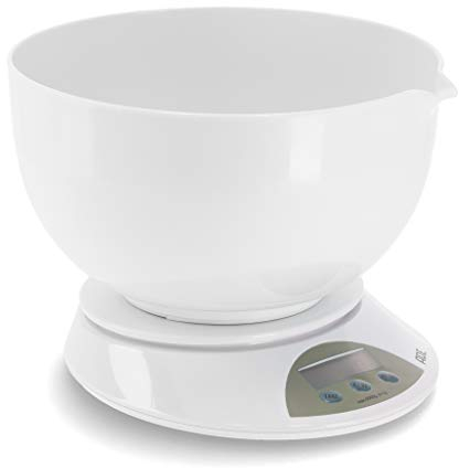 ADE Digitale Schüsselwaage KE 707 Angelina. Elektronische Küchenwaage mit großer, spülmaschinengeeigneter Schüssel zum präzisen Wiegen bis 5 kg. Mit Zuwiegefunktion (Tara). Inkl. Batterie. Weiß