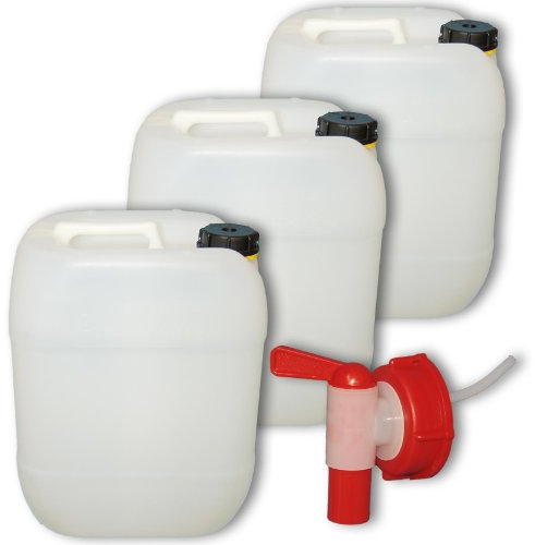 Wilai GmbH Lote de 3 bidones de Polietileno/Jerrycan 20 L Natural + 1 Grifo Aeroflow DIN61 (22002x3+22010)
