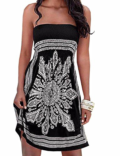 EMMA Verano sin Tirantes de Hombro Mujer Bohemia Falda Casual Estampado Floral Colorido Mini Vestidos de Playa, (BL,XL)
