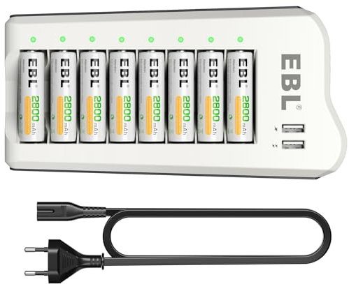 EBL Chargeur de Piles Rechargeables + 8PCS Piles AA Rechargeables Puissantes, avec 2 USB Ports pour Accus AA/AAA/Ni-MH et Smartphone, Tablette