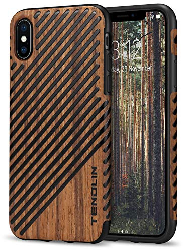 TENDLIN für iPhone XS Hülle/iPhone X Hülle Holz und Leder Flexiblem TPU Silikon Hybrid Weiche Schutzhülle Kompatibel mit iPhone XS und iPhone X (Rotes Sandelholz & Leder)