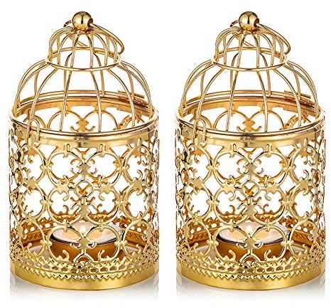 NUPTIO Lantern Ramadan Decoration Tealight - 2 Pcs Gold Hanging Tea Light Candle Holder Lanterns Metal Vintage Decorative Centerpieces of Wedding & Party Small