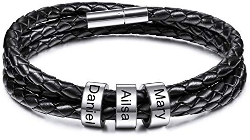 MeMeDIY Personalisierte Armbänder Gravur 2～6 Namen Individuelle Identifikation ID für Frauen Männer Echtes Leder Edelstahl Perlen Geflochtene Manschette Brautjungferngeschenke Beste Freundin