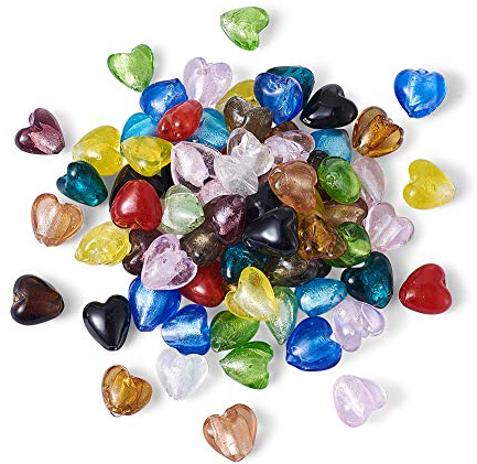 Cheriswelry 200 Stück handgefertigte Silberfolie Herz Lampwork Glas lose Perlen Spacer zufällige gemischte Farben für Schmuck Armband Herstellung Loch: 2 mm