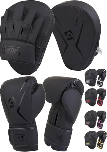 AQF Boxhandschuhe Und Pratzen Set Für Boxsack Kickboxen Kampfsport Training | 08–16 Oz, Box-Set Erwachsene, Kunstleder, Mehrlagige Polsterung, Komplettes Trainingsset, Boxing Gloves Mit Gebogenen Boxpad