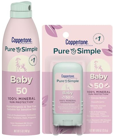 Coppertone Pure and Simple Baby Mineral Sunscreen Spray SPF 50 (5 Oz), Tear Free + Baby Sunscreen Stick SPF 50 (0.49 Oz), Hypoallergenic and Fragrance Free