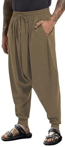 PACEIADTA Mens Casual Harem Pants Baggy Aladdin Hippie Elastic Waist Drop Crotch Trousers, Olive-1, Medium