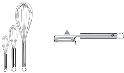 WMF Profi Plus Schneebesen Set 3-teilig & Profi Plus Kartoffelschäler Pendelklinge 19 cm, Pendelschäler einschneidig, Gemüseschäler, Cromargan Edelstahl teilmattiert, spülmaschinengeeignet