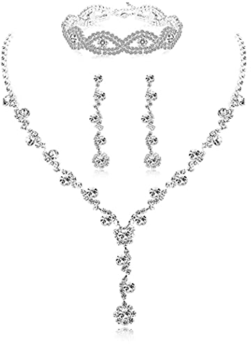 Ushiny Brautschmuck-Set, Silber, glitzernd, Strass, Halskette, Armband, Ohrringe, passend für Hochzeitskleider für Frauen und Mädchen