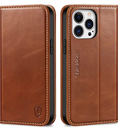 SHIELDON Echtleder Hülle für iPhone 13 Pro Max 6,7, Retro Braun | Kartenfach, Standfunktion, RFID-Sperre, TPU Case, Schutzhülle, Magnetverschluss, Lederhülle, Magnet Handyhülle