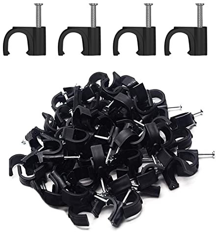 200 PCS 6mm Black Round Cable Clips - Management Cable Tidy Clips with Steel Nail