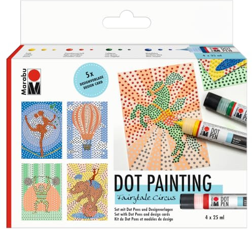 Marabu 1801000000082 - Dot Pen Set Fairytale Circus 4 x 25 ml, Punktfarbe auf Wasserbasis für dotting Technik, trocknet matt & erhaben auf, für Mandala & Gestalten in der Dot Painting-Technik