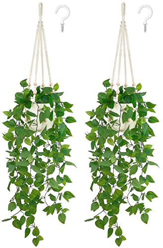 Mkono 2 Packs Fake Hanging Plant with Pot, Artificial Plants Macrame Plant Hanger Fake Vine Greenery for Bedroom Bathroom Home Office Decor