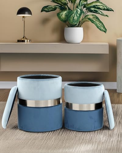 Qiyano Evelyn 2er Set Hocker mit Stauraum Blau, Sitzhocker mit Integrierten Aufbewahrungsboxen, Vielseitig für Wohnzimmer, Schlafzimmer, Garderobe