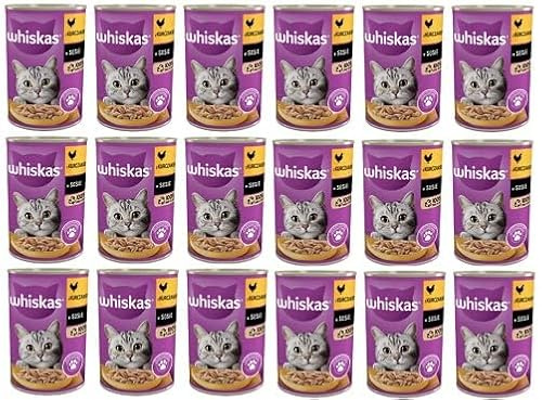 Whiskas Katzenfutter Nassfutter Adult 1+ mit Huhn in in Soße, 18 Dosen (18 x 400g)