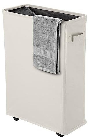 IHOMAGIC 40L Wäschekorb mit Rädern, Faltbarer Wäschesammler mit Rollen, Schmal Rechteckiger Wäschebehälter, Aufbewahrungsbeutel Schmutziger Wäschekorbe für Badezimmer, Schlafzimmer Wohnung - Beige