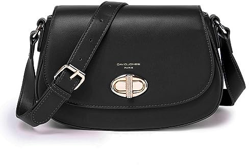 David Jones - Sac Bandoulière Femme - Besace Sac à Main Porté Epaule Croisé Simili Cuir PU - Pochette Sacoche à Rabat Tourniquet - Sac Ville Elégant Téléphone Travail Voyage Soirée Mode - Noir