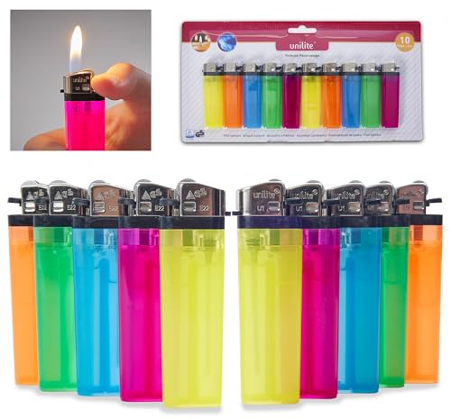 UNILITE 10 Stück Feuerzeuge MIT Gas befüllt – Reibradfeuerzeuge – 5 Farben im Set – Gasfeuerzeug – Einwegfeuerzeug – Feuerzeuge – Mini Lighter - Einwegfeuerzeuge