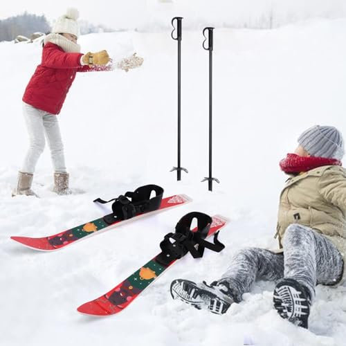 Washranp Sci da neve e bastoni per bambini, a bassa resistenza, perfetto per principianti da 0 a 4 anni, leggero, robusto e sicuro, attrezzatura da sci per bambini con motivo natalizio rosso