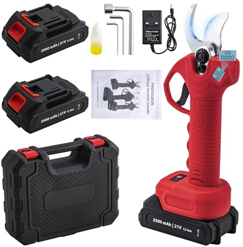 CHANGEMOORE 21V Cordless Electric Pruning Shears with 2 x 2.5Ah Battery and 1 x Charger, 28mm Electric Secateurs Tree Branch Cutter with LED Display Screen