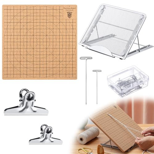 Tandefio 104 Pcs Macrame Board and Metal Adjustable Holder with T Pins Clips Macrame Supplies Double Sided Grids Macrame Project Board Macrame Tools for Braiding Cording Bracelet (11.8 x 11.8 Inch)