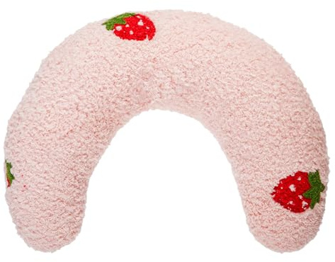 Lystaii Cat Calming Pillow for Indoor Pets - Soft Fluffy Cat & Dog Bed - Dog Neck Pillow Pet Toy Half Donut Anxiety Relief with Cute Embroidery Pattern (Pink, Strawberry)