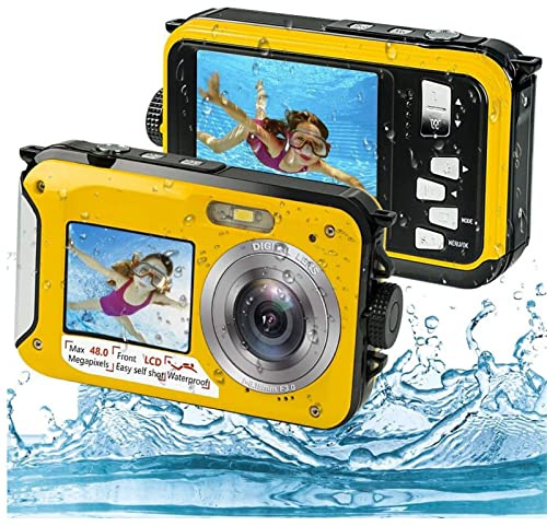 Unterwasserkamera, 10ft wasserdichte Kamera, Full HD 2,7K 48MP, 16X Digitalzoom, Unterwasser-Digitalkamera mit Selfie-Dual-Screen, DV-Digitalkamera Zum Schnorcheln (Yellow)