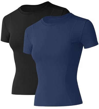 IECCP T-Shirt de sport pour femmes, manches courtes, haut d'entraînement, col rond, respirant, athlétique, pour la course, le gym, le yoga, haut de fitness, taille XS-XL, Noir et bleu foncé., L